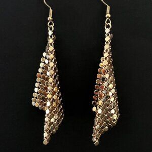 Shiny Gold Tone Mesh Metal Dangle Drop Earrings Sparkle Disco Evening